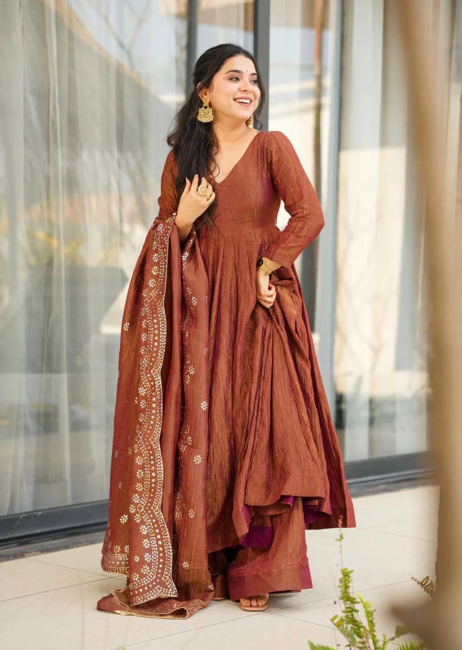 Brown Designer Heavy Fandy Silk Gown with Dupatta For Party Wear Drapes Dress Brown Designer Heavy Fandy Silk Gown with Dupatta For Party Wear Drapes Dress