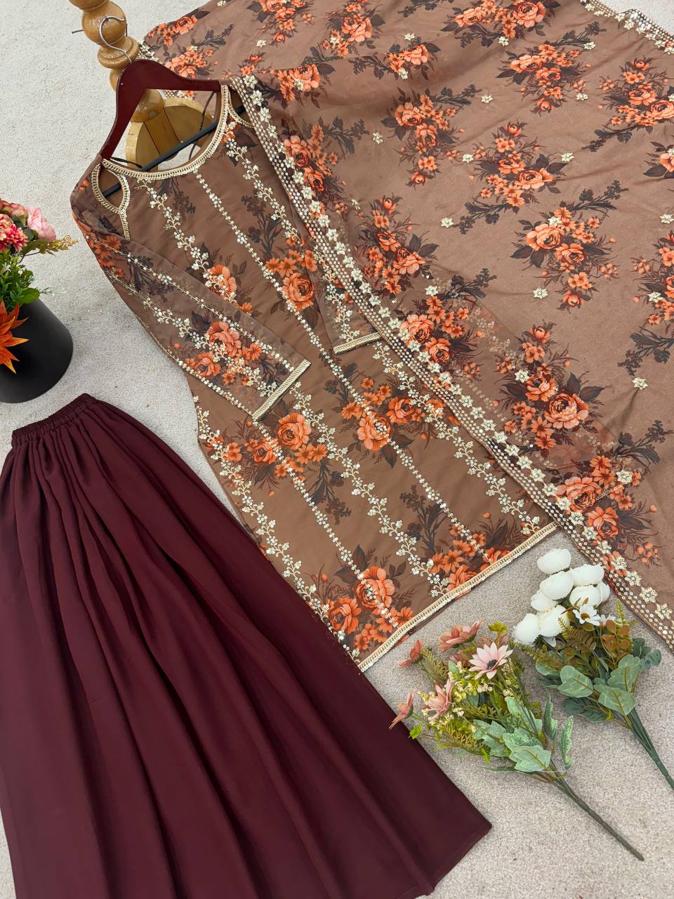 Brown Designer Heavy Faux Georgette Embroidery Palazzo suit and Dupatta