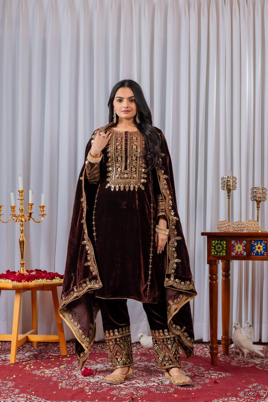 Brown Designer Viscose Velvet Bottom Top and Dupatta For Party Wear