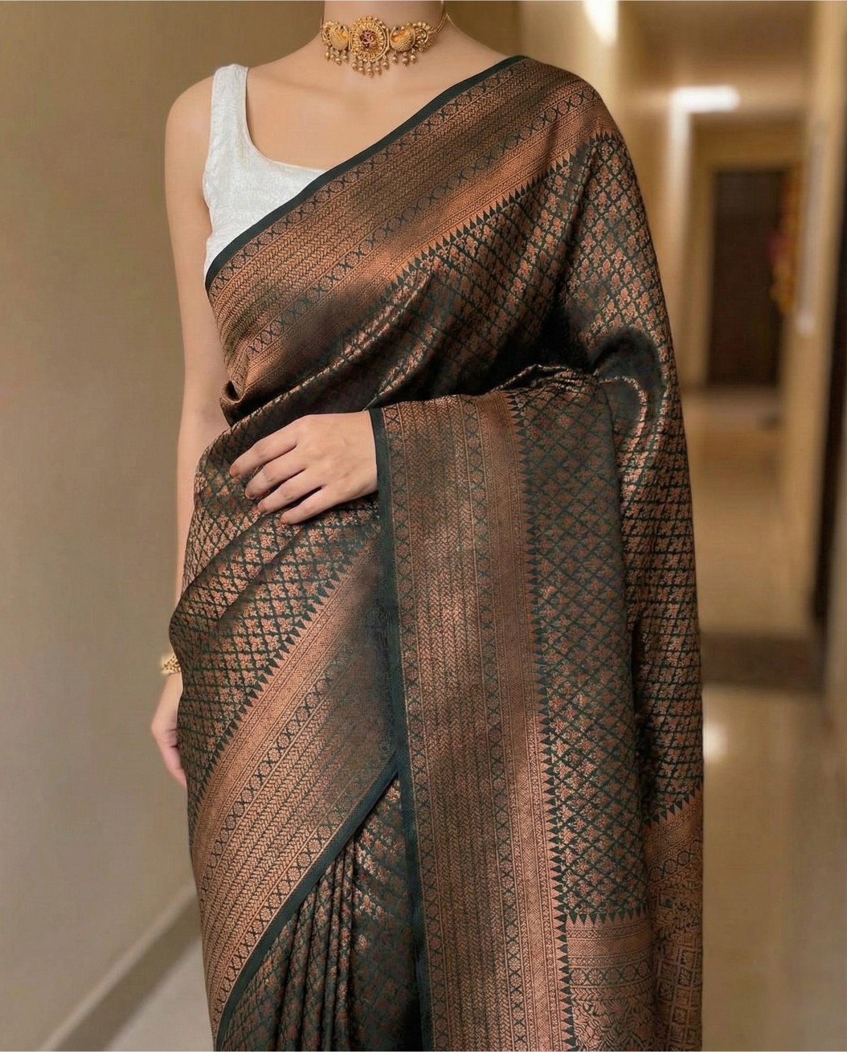 Brown Kanchipuram Jari Weaving Silk Saree with Designer Blouse
