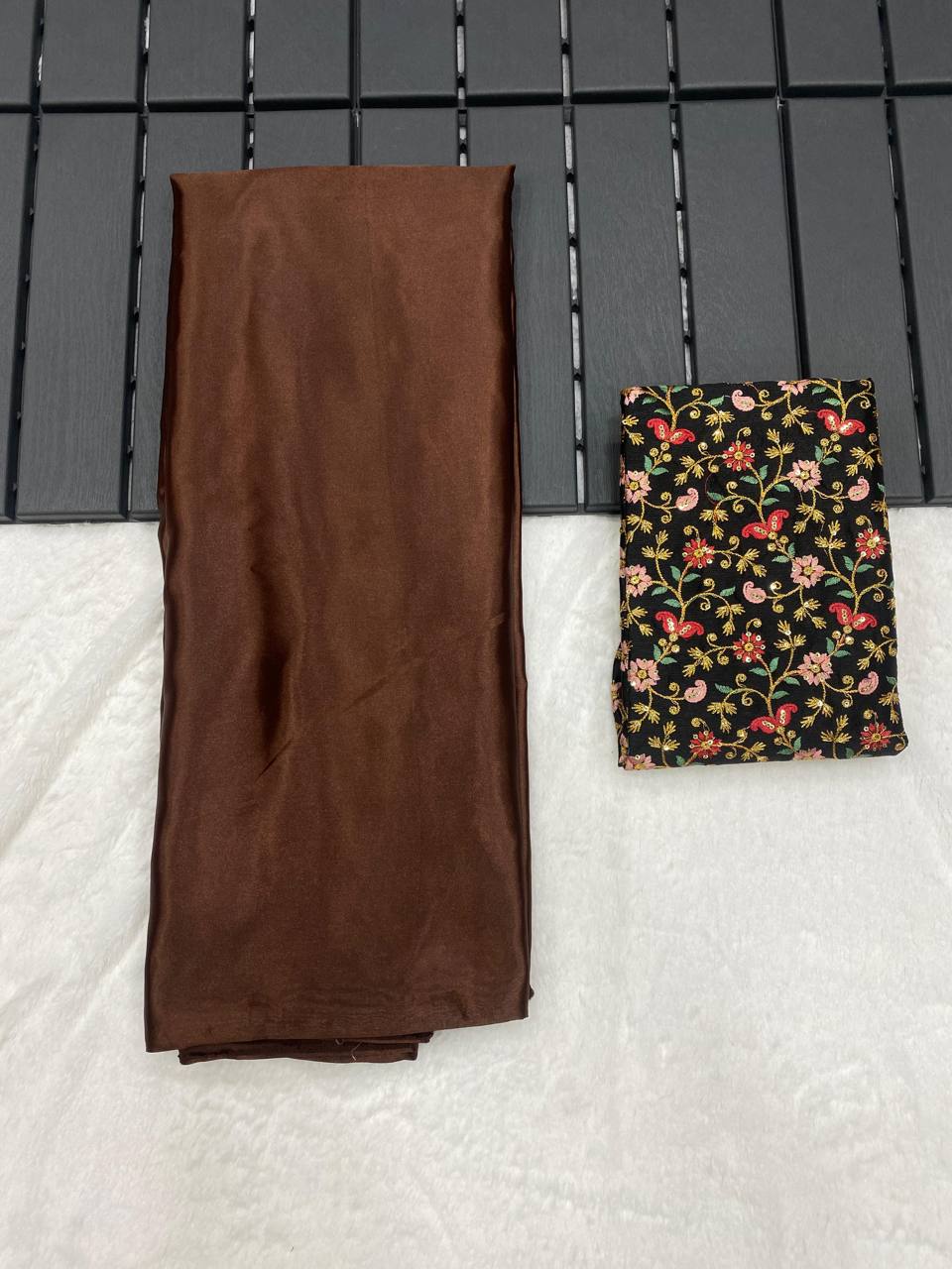 Brown Luxury Smooth Satin Saree with Designer Embroidery Blouse