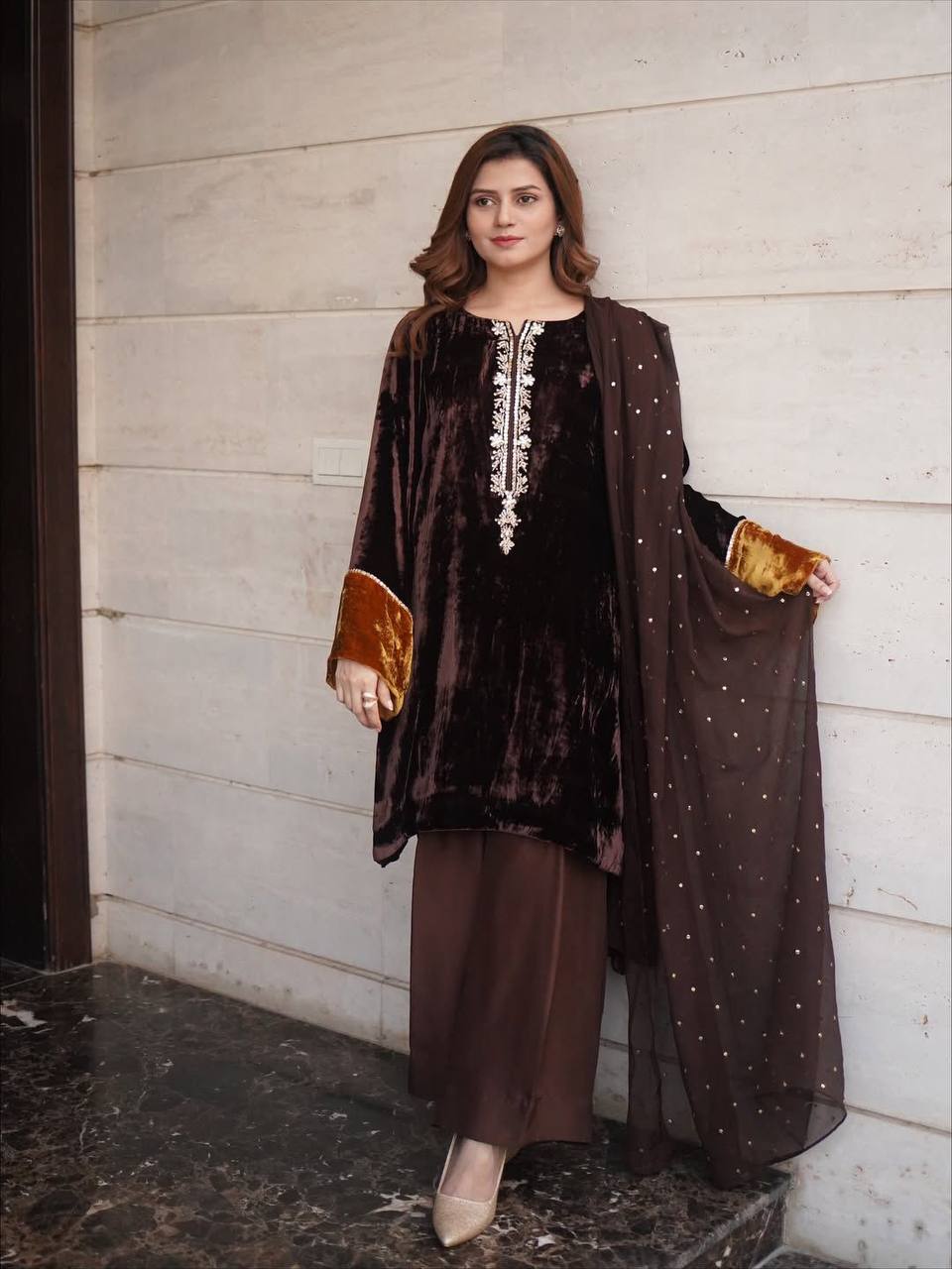 Brown Velvet Winter Plazzo Set with Sequence Embroidery Work