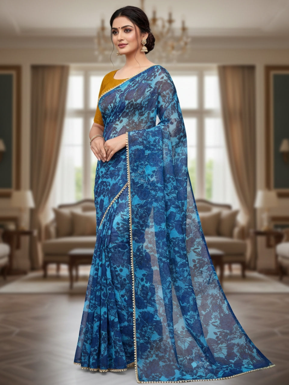 Bule Georgette Digital Print Saree with Moti Lace Border & Blouse
