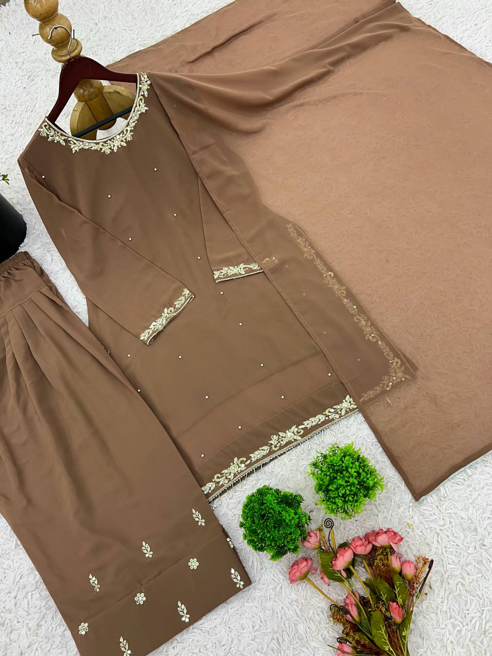 Chikoo Designer Faux Georgette Embroidery Top Farshi Pant and Dupatta