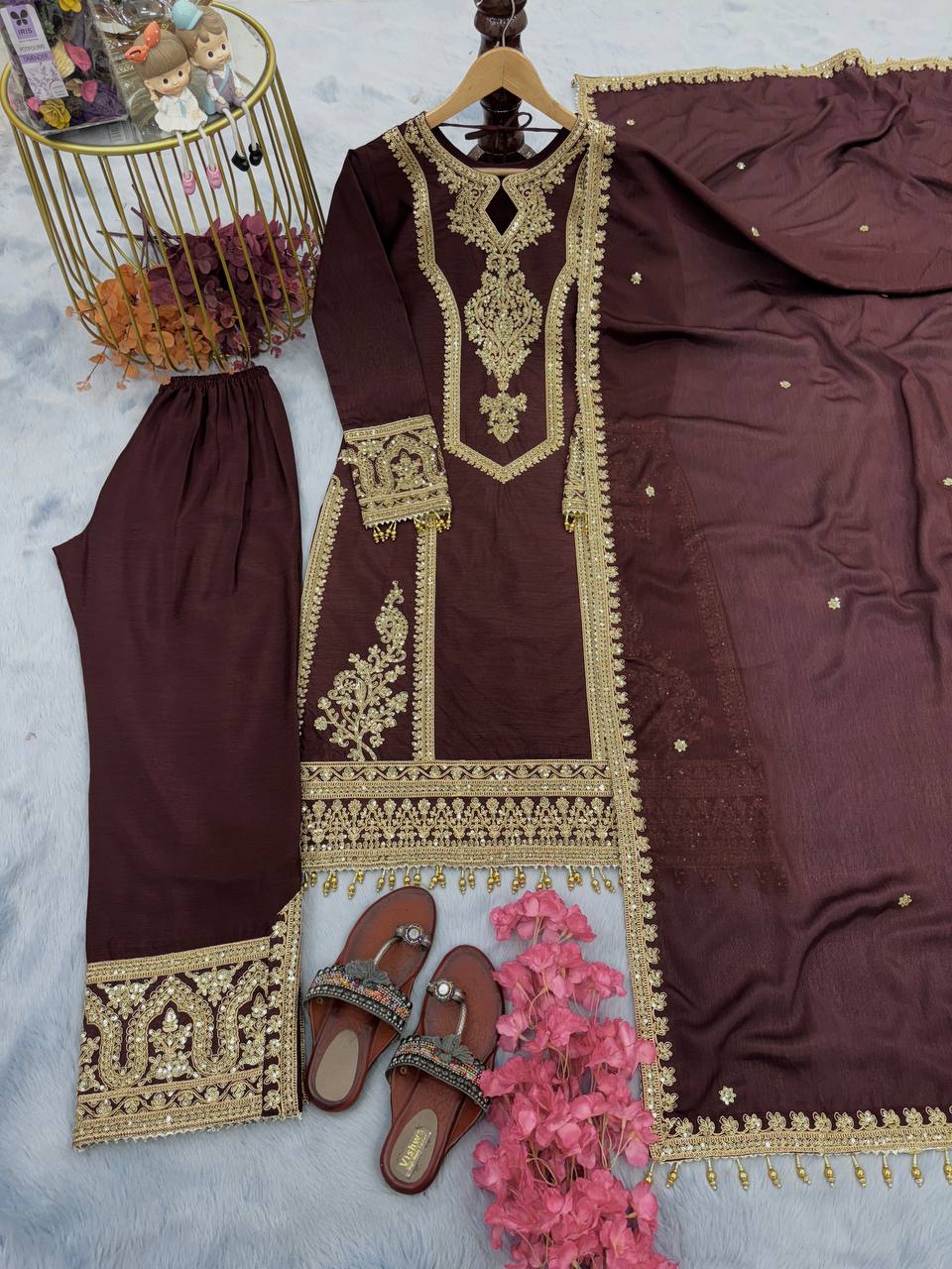 Coffee Designer Chinon Silk Plazzo Top and Dupatta For Party Wear