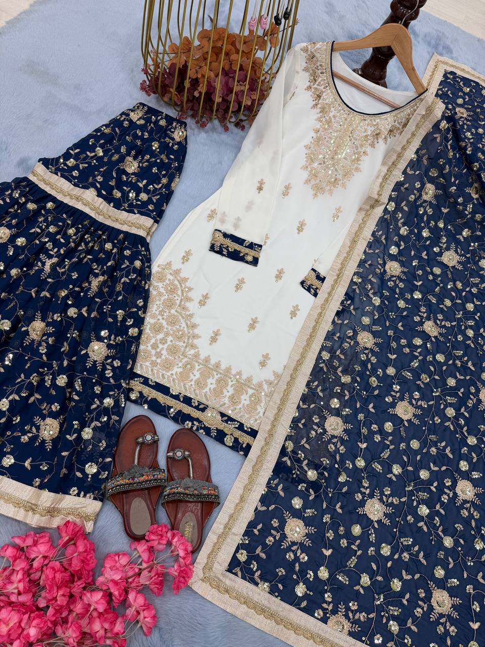 Cream Designer Heavy Faux Georgette Embroidered Plazzo Top And Dupatta