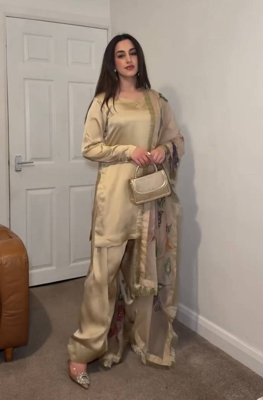 Cream Designer Japan Satin Silk Farshi Plazzo Top and Tabby Dupatta