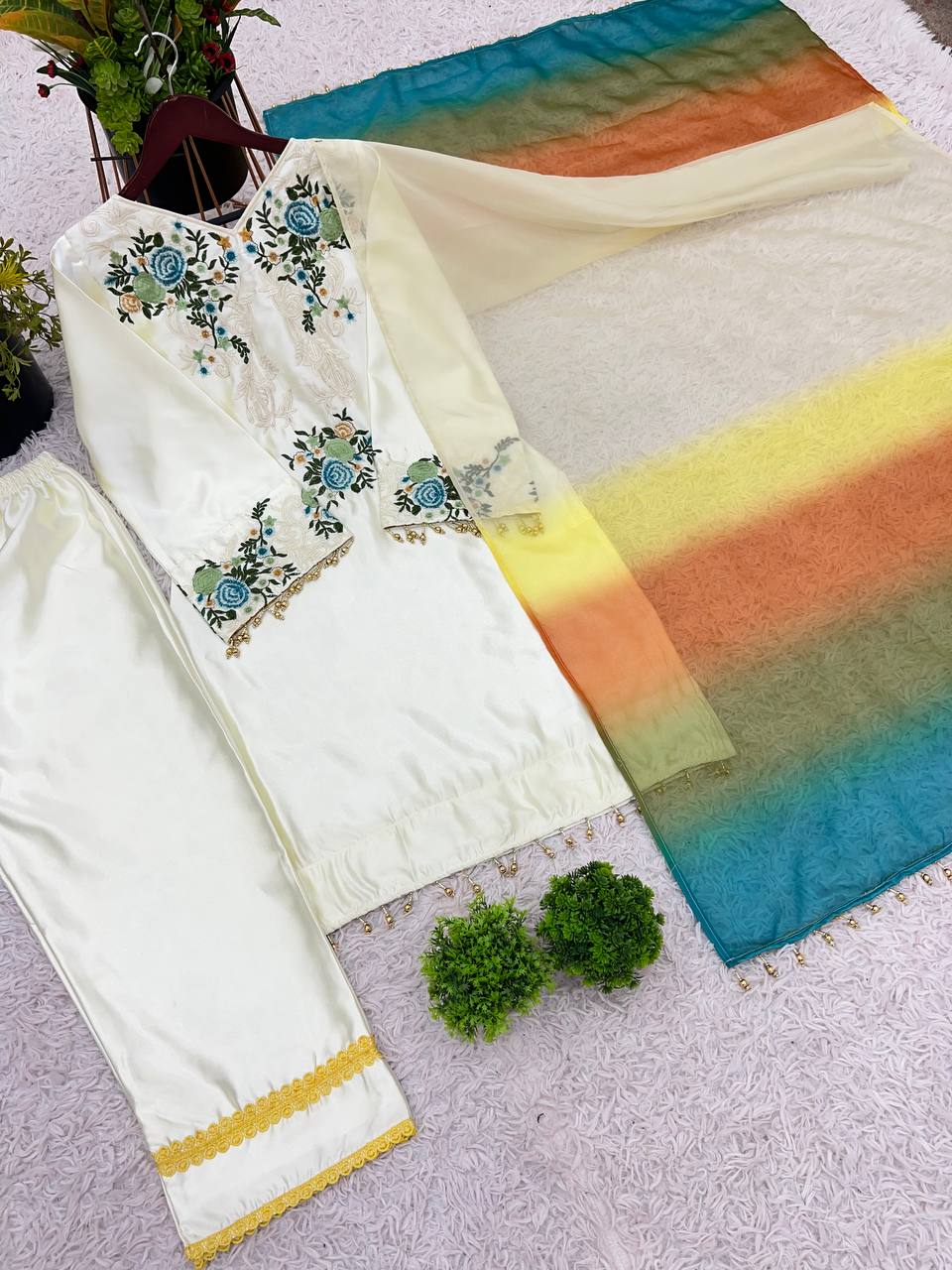 Cream Designer Moss Satin Embroidered Top Pant Organza Dupatta Set