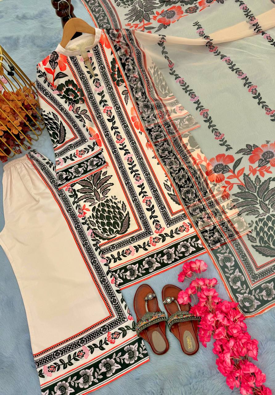 Cream Designer Natural Crepe Plazzo Top and Dupatta For Party Wear