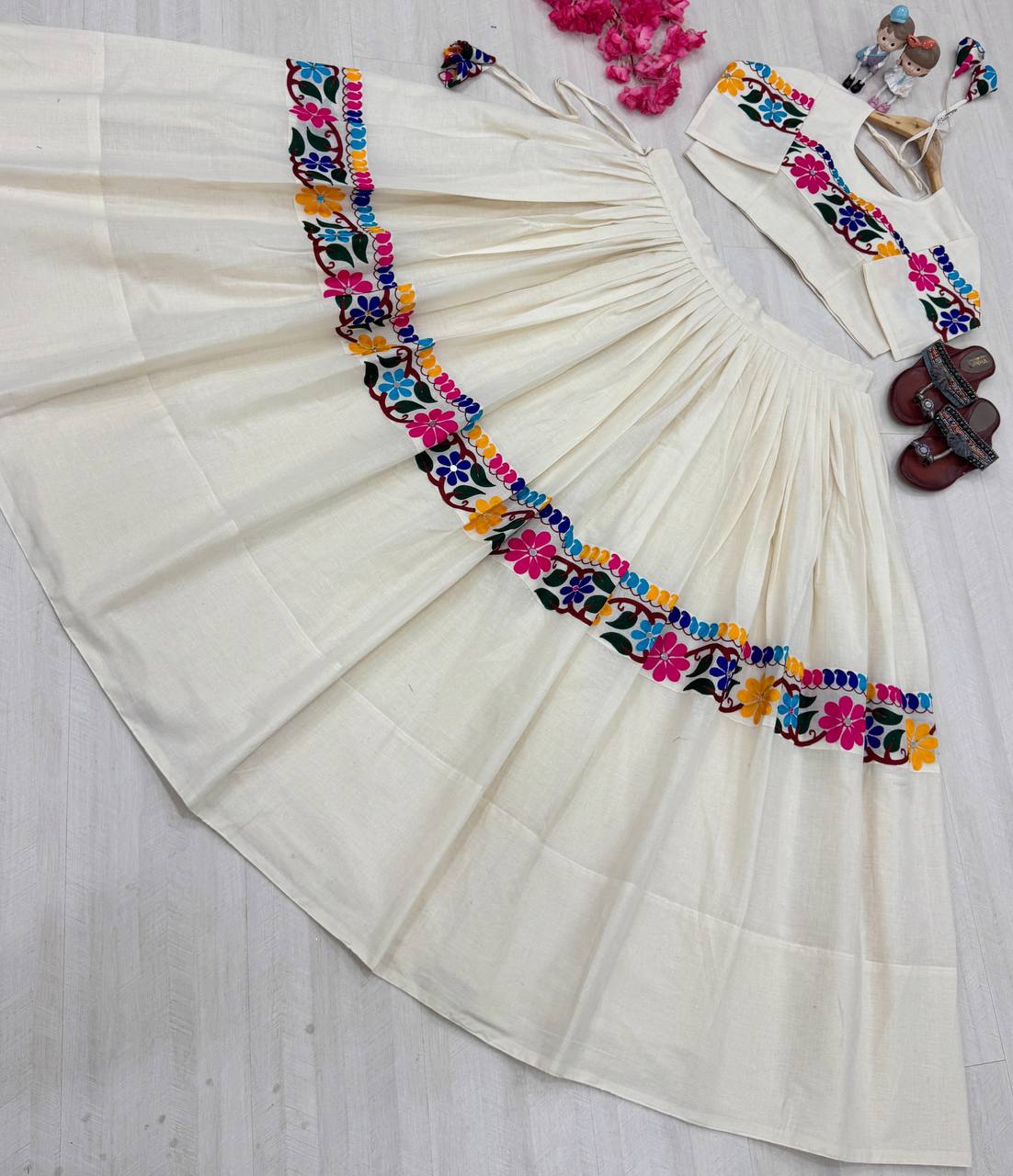 Cream Kora Cotton Mirror Work Lehenga with Gamthi Embroidery Blouse