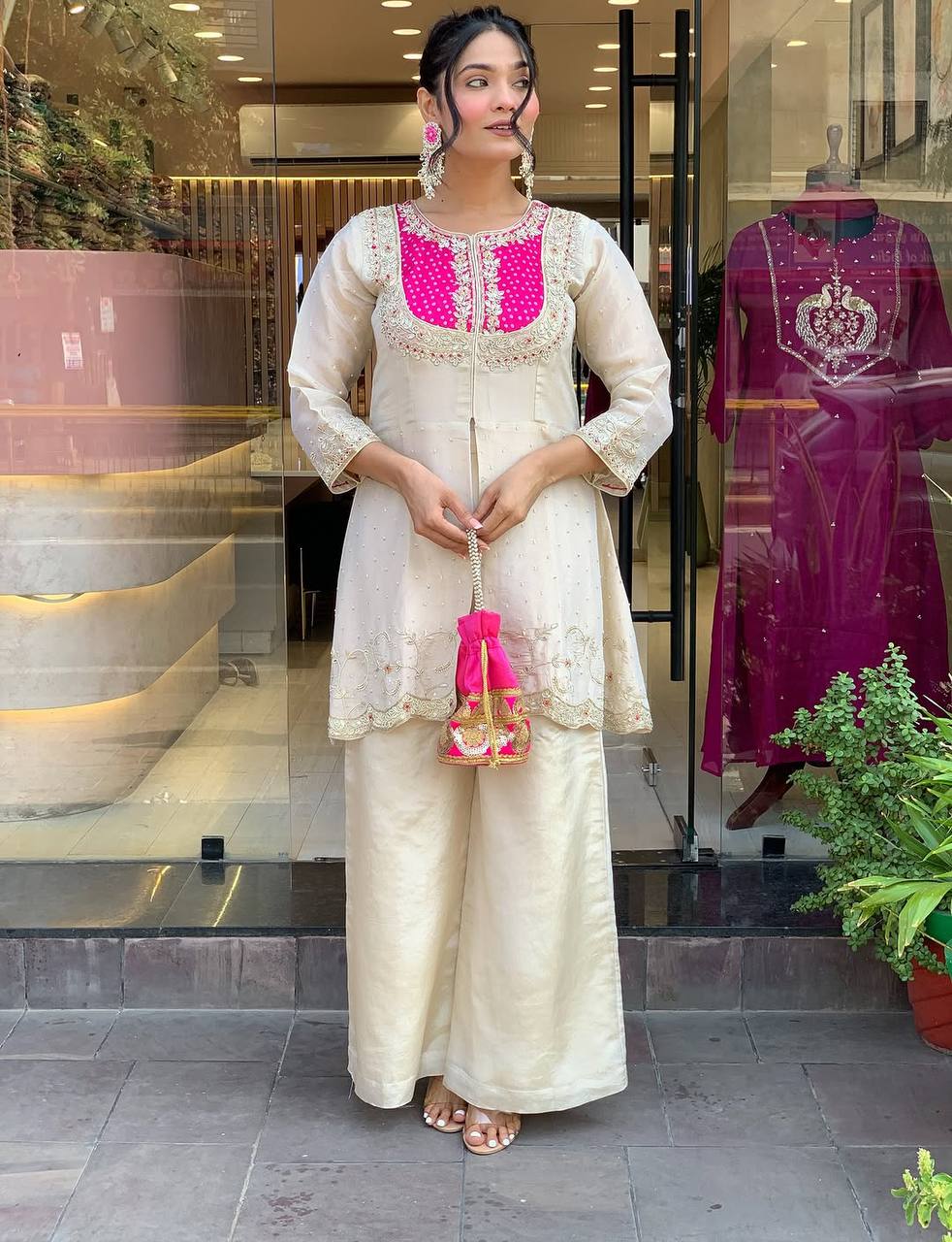 Cream Premium Roman Shimmer Silk Embroidery Suit Pink Yoke