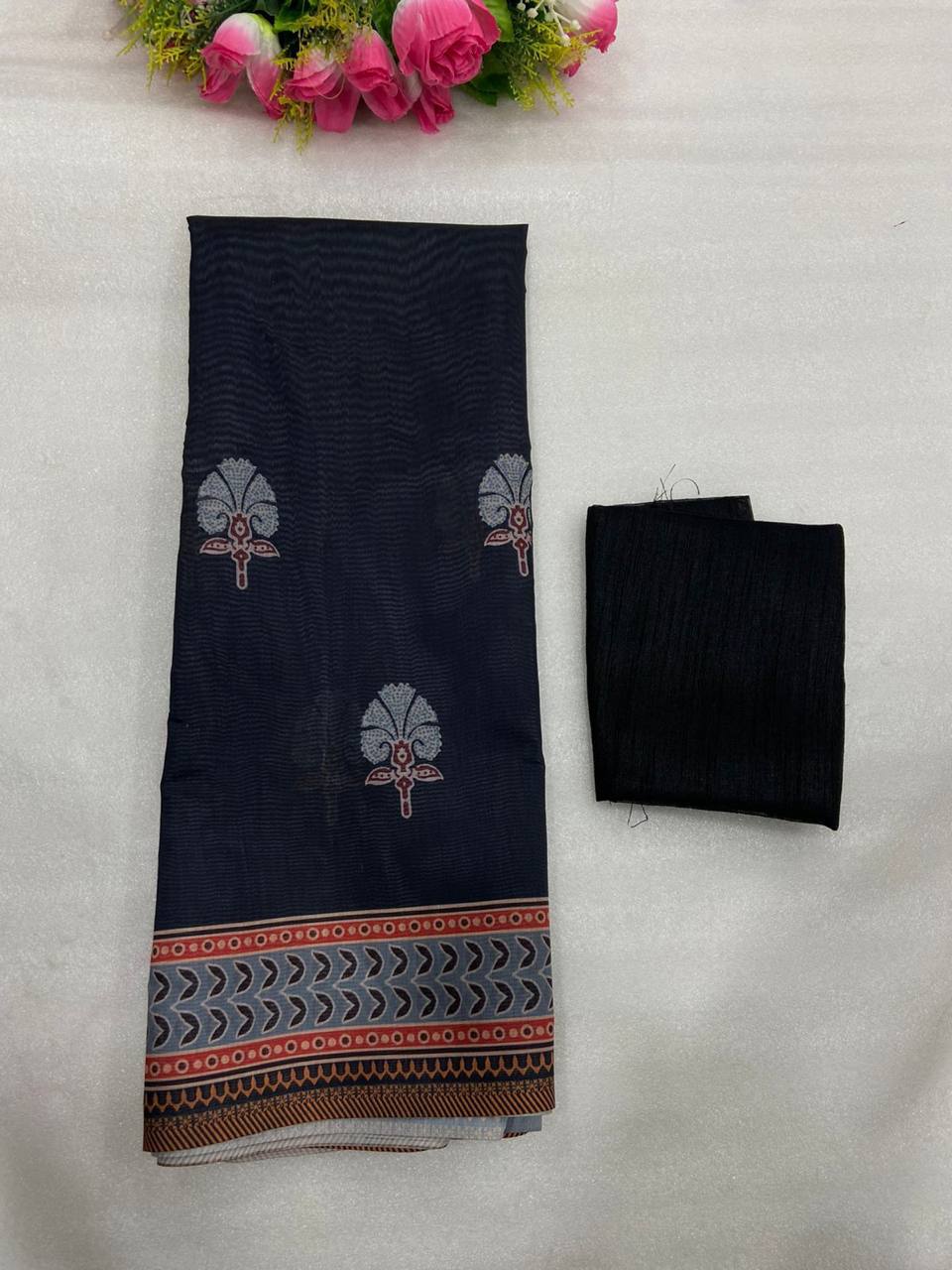 Dark Blue Mulmul Cotton Digital Print Saree with Banglori Blouse
