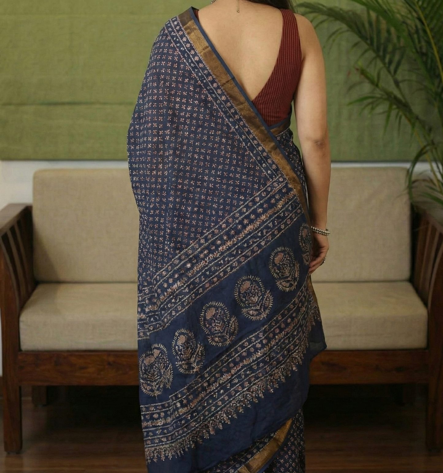 Dark Blue Mulmul Cotton Digital Print Saree with Banglori Blouse