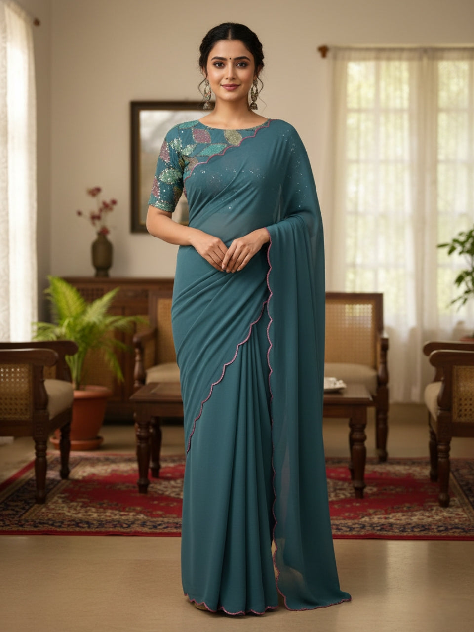 Dark Gray Smooth Georgette Saree with Aari Border & Embroidery Blouse