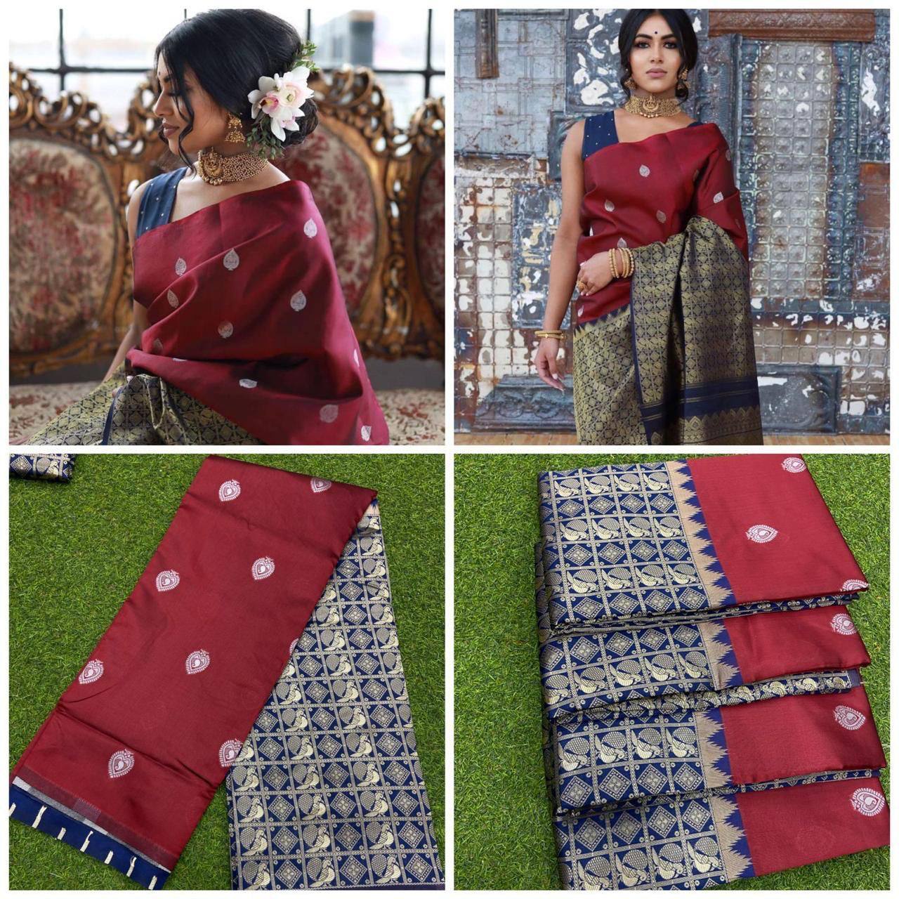 Dark Maroon & Blue Traditional Kanchipuram Silk Saree with Weaving Pallu
