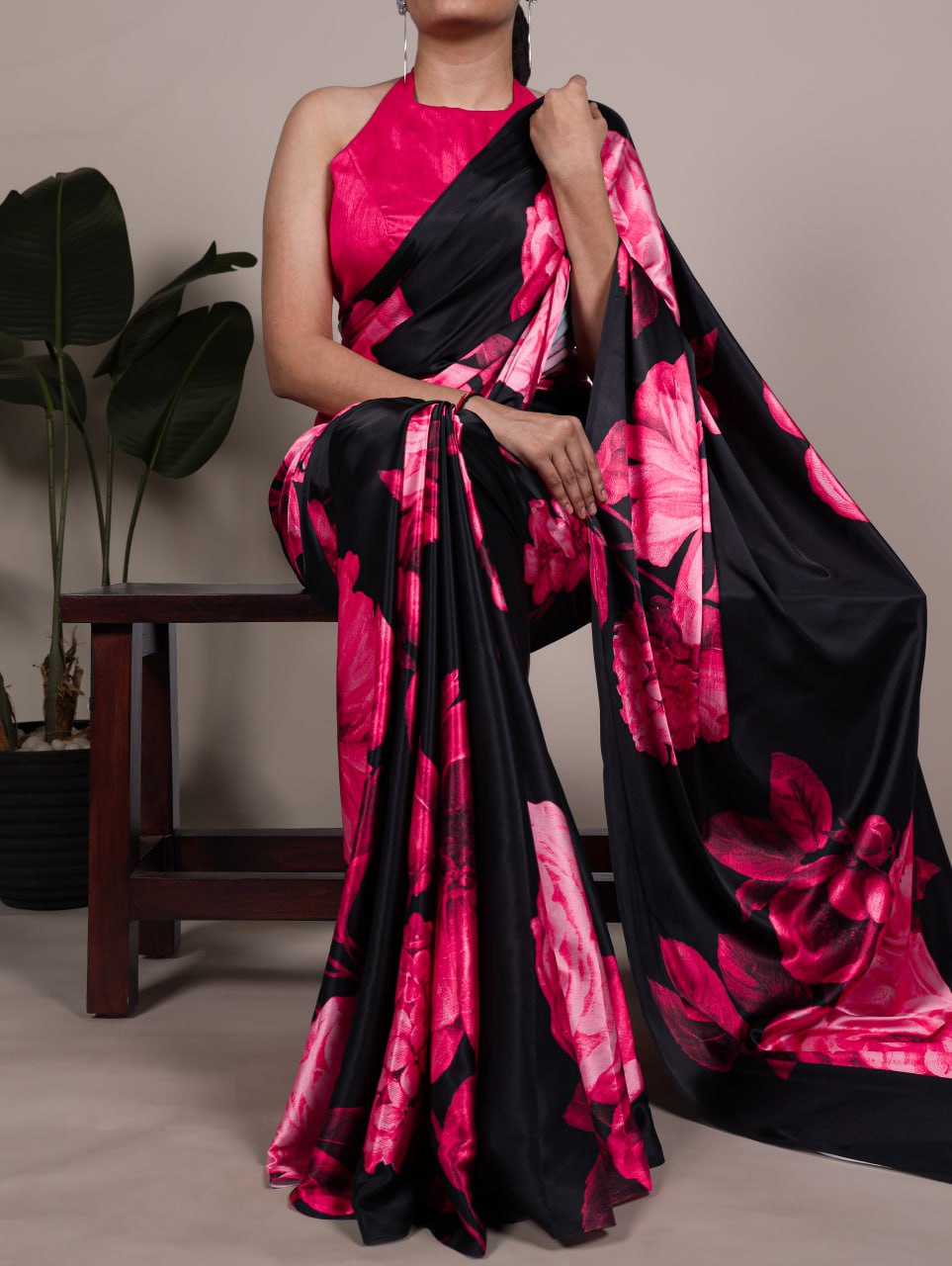 Dark Pink Floral Satin Silk Printed Saree with Banglory Blouse