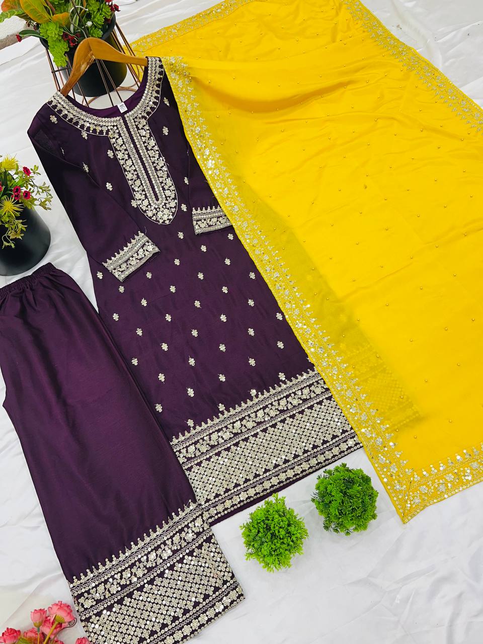 Dark Purple Chinnon Silk Embroidery Top Pant and Dupatta For Party Wear