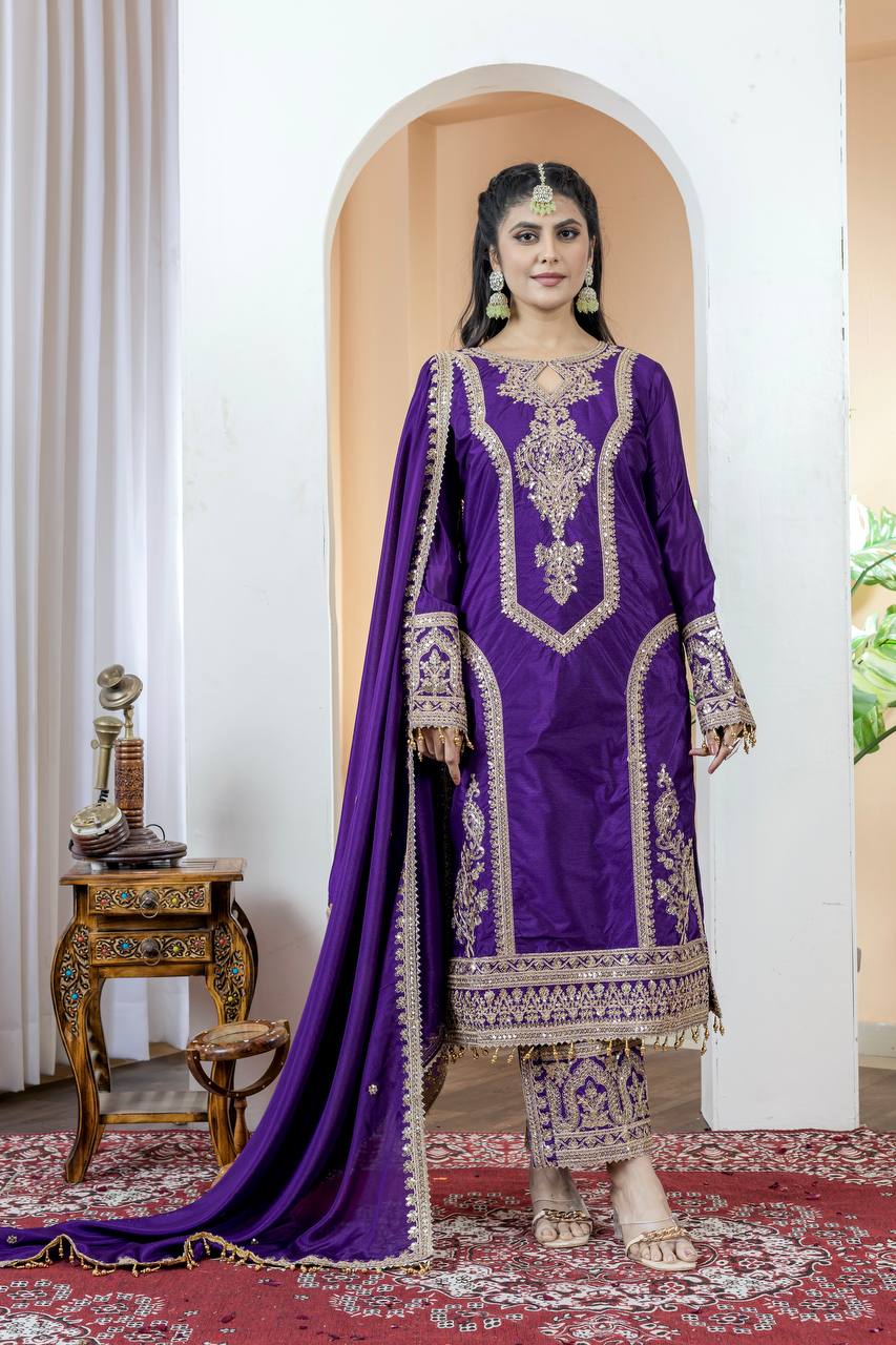 Dark Purple Designer Chinon Silk Plazzo Top and Dupatta For Party Wear
