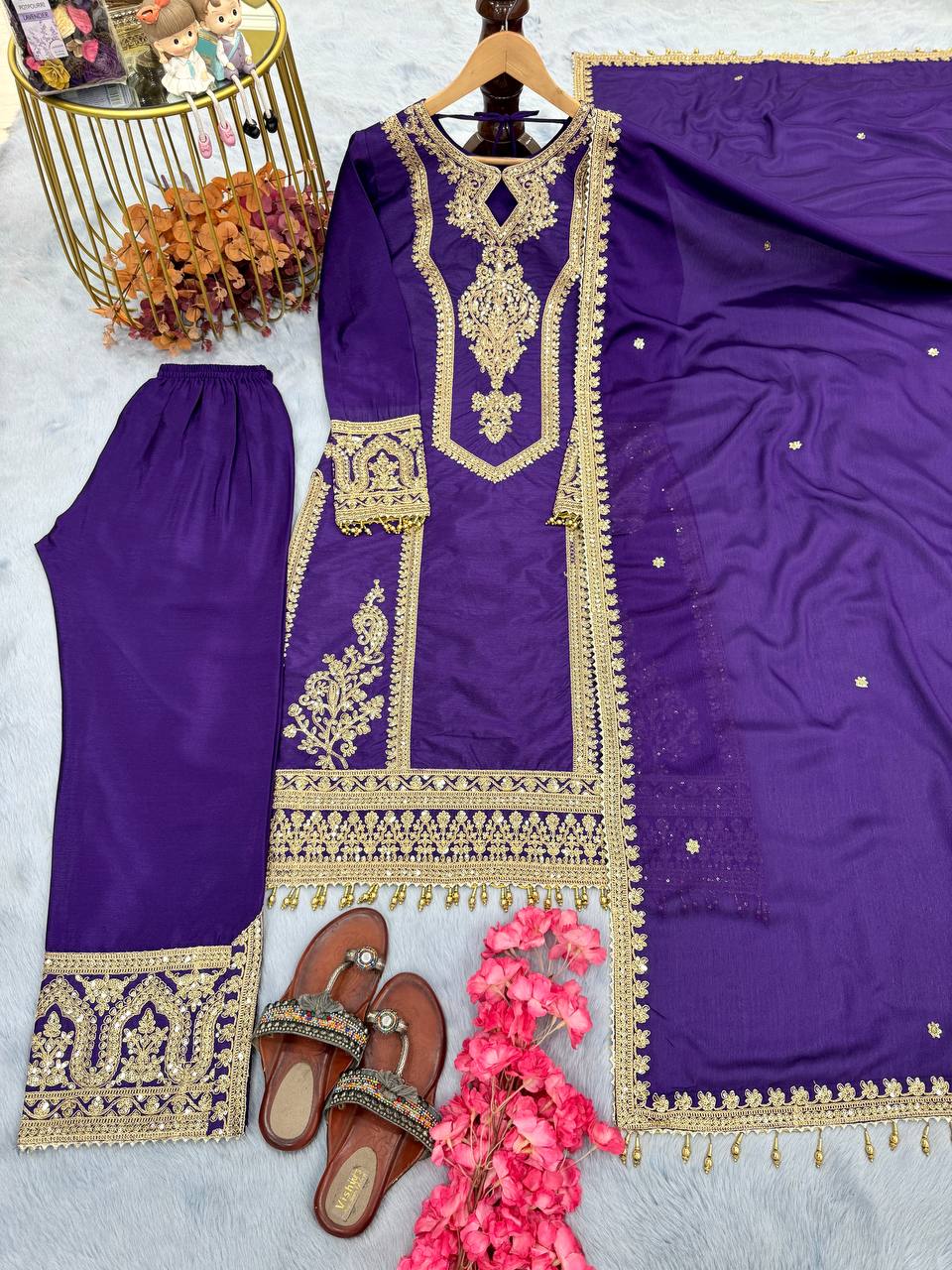 Dark Purple Designer Chinon Silk Plazzo Top and Dupatta For Party Wear