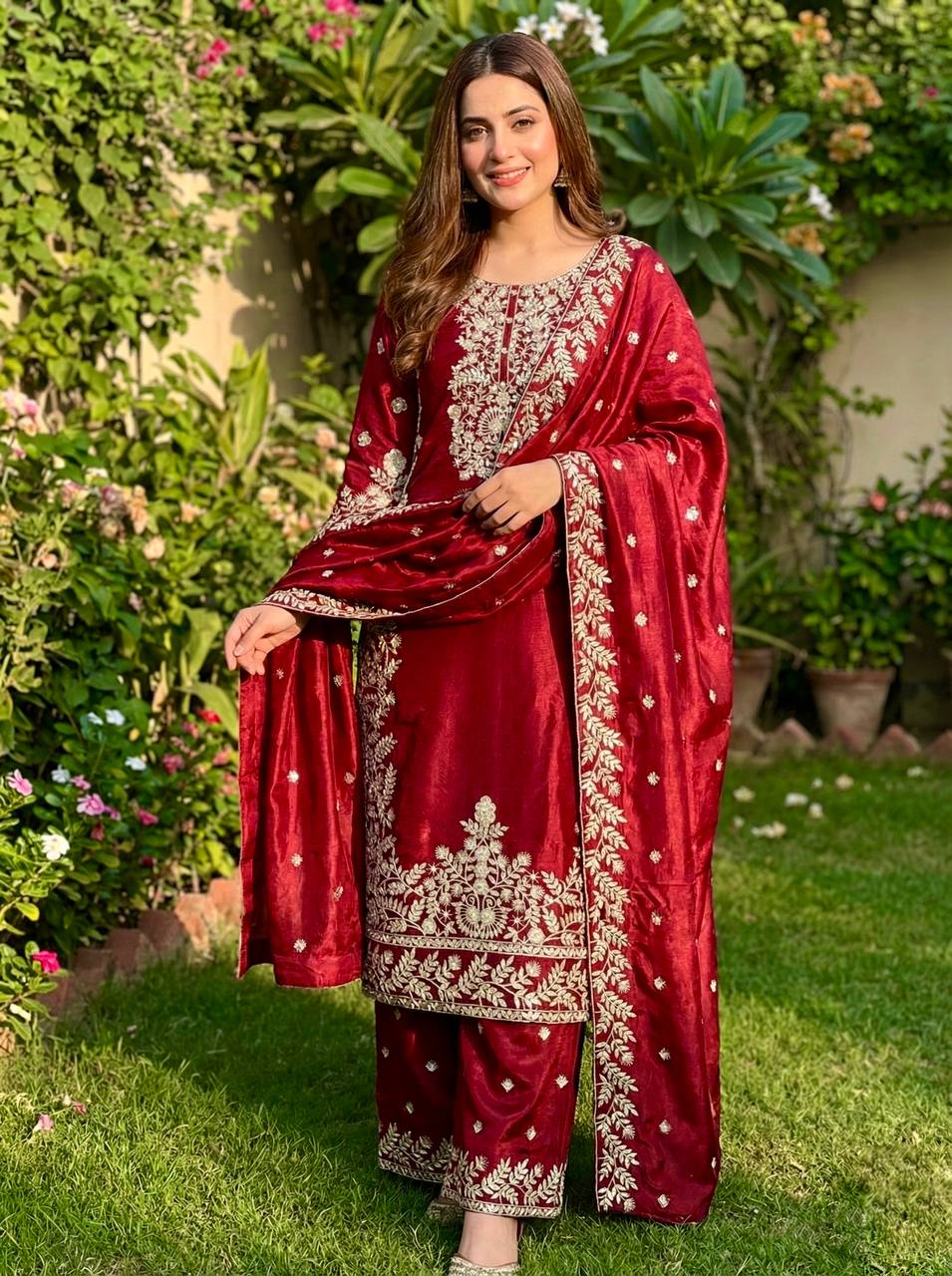 Deep Red Designer GMY Silk Plazzo suit and Dupatta For Party Wear
