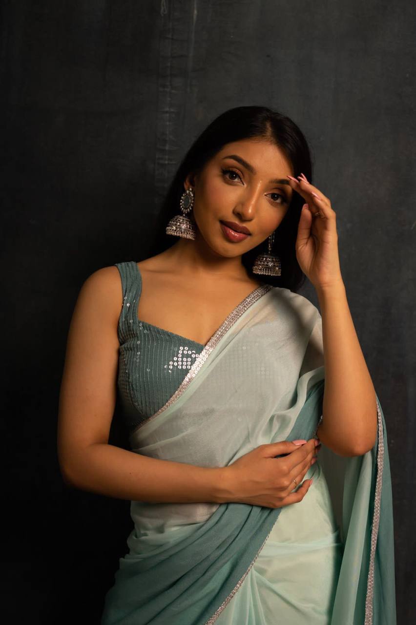 Dusty Green Georgette Digital Print Saree with Sequins Work in Blouse