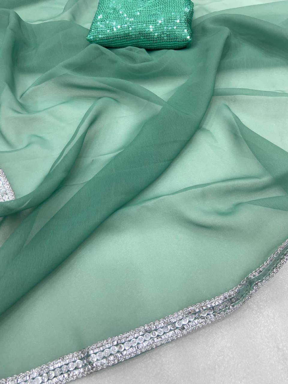 Dusty Green Georgette Digital Print Saree with Sequins Work in Blouse