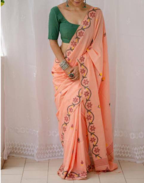 Dusty Peach Soft Mulmul Cotton Digital Print Saree with Banglori Blouse