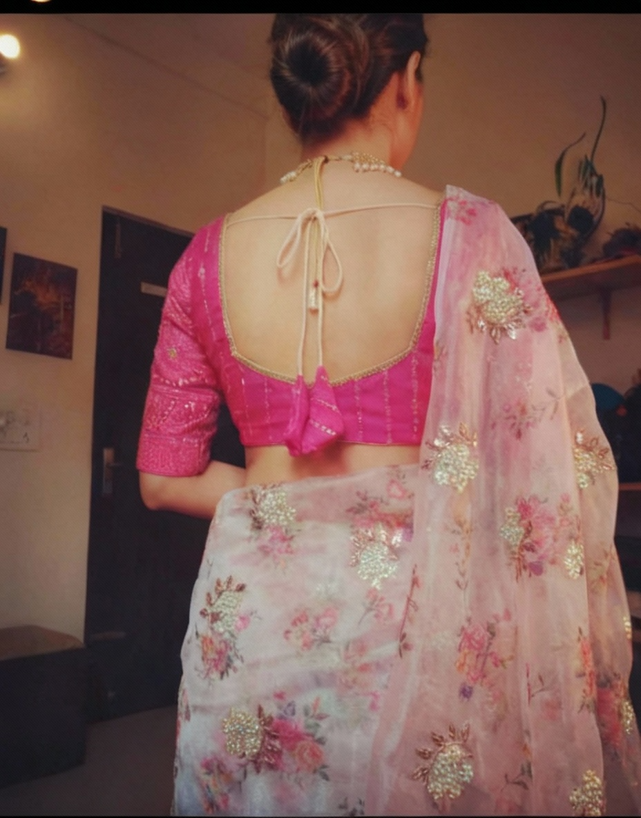 Floral Pink Digital Print Organza Saree with Golden Zari Embroidery Blouse