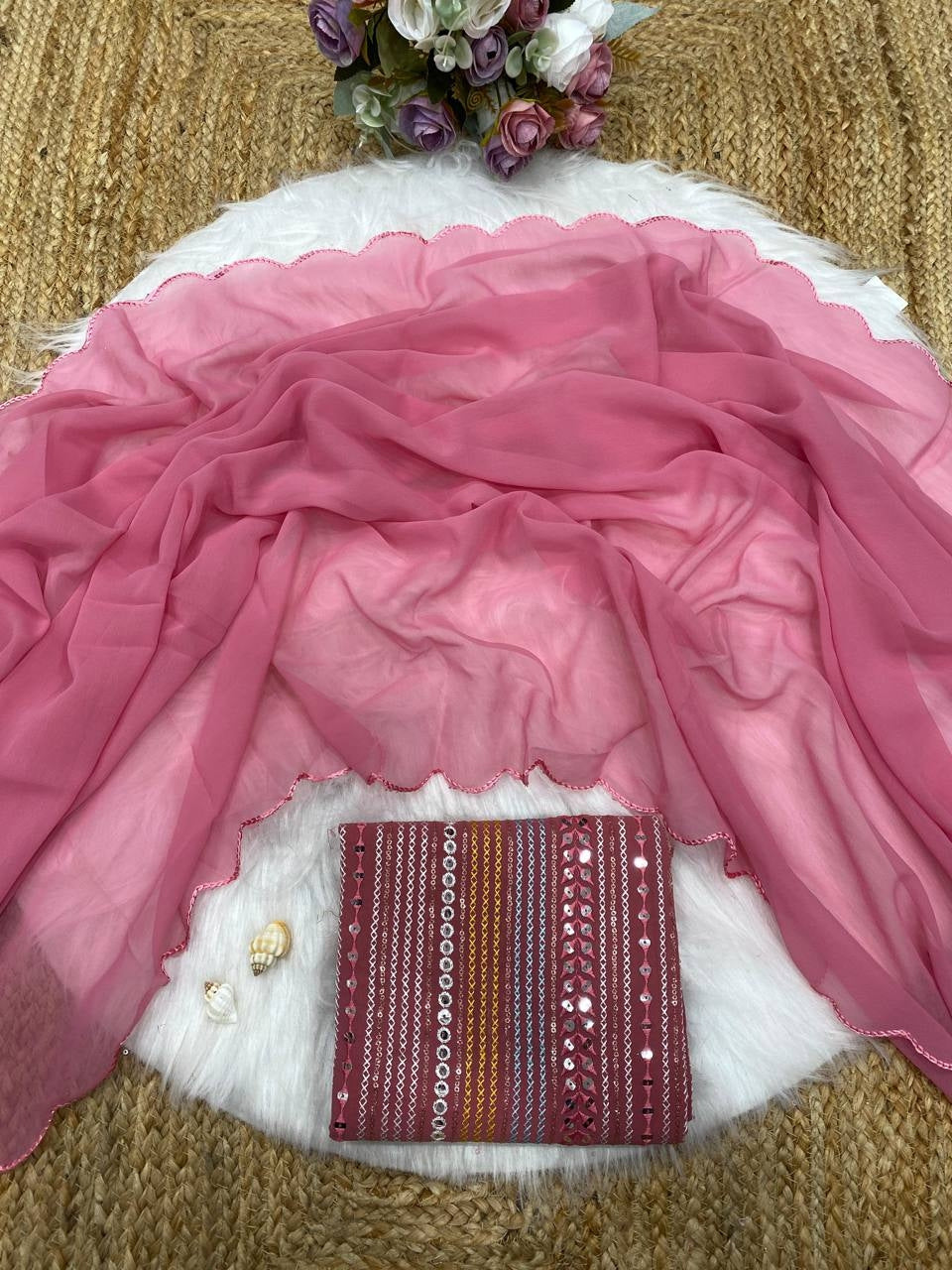 Floral Pink Georgette Aari Embroidery Border Saree with Work Blouse