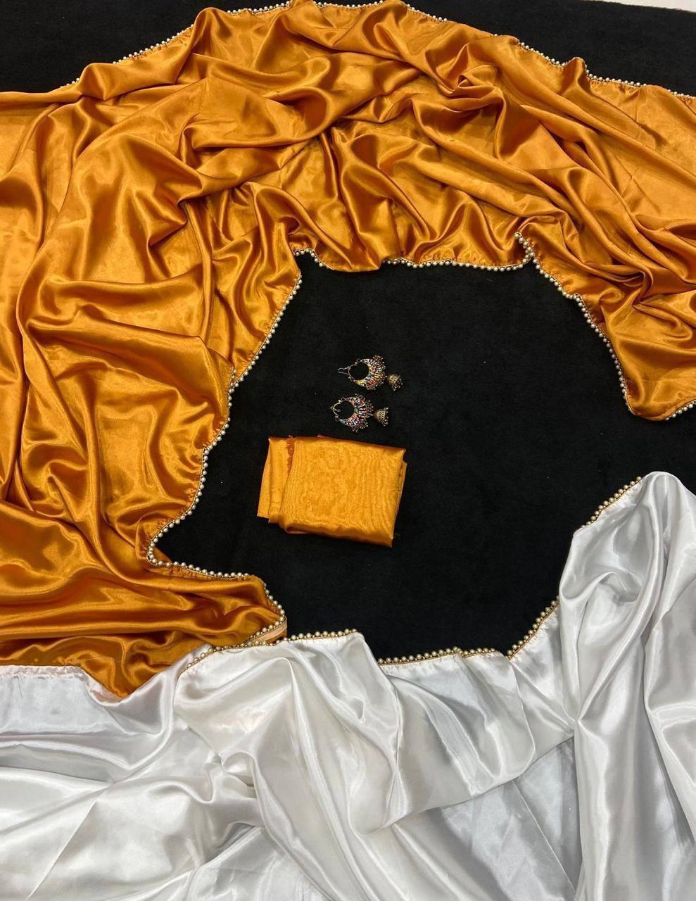 Gold Satin Saree with Moti Lace Border and White Blouse