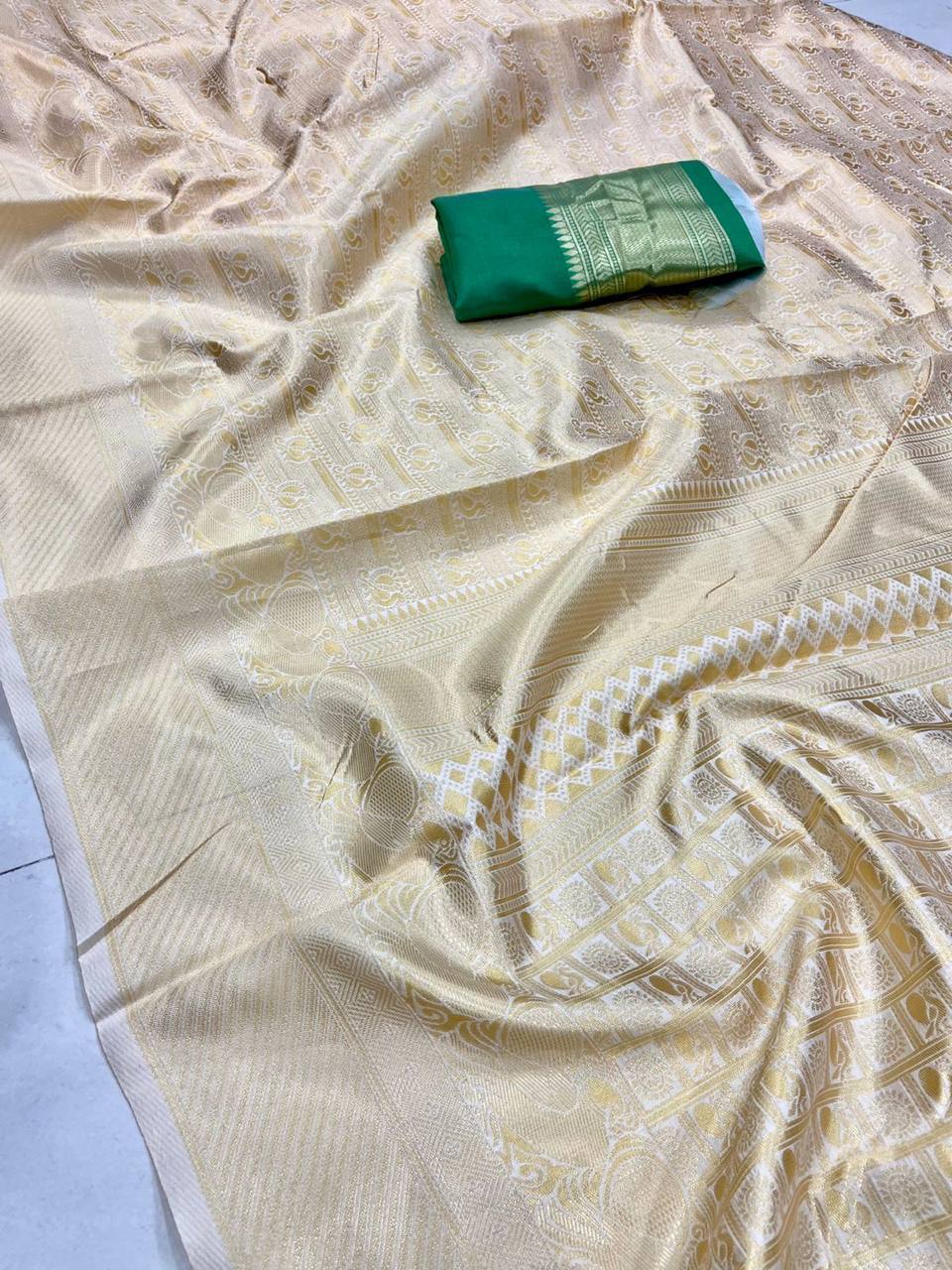 Gold Traditional Kanchipuram Silk Saree with Designer Border Blouse