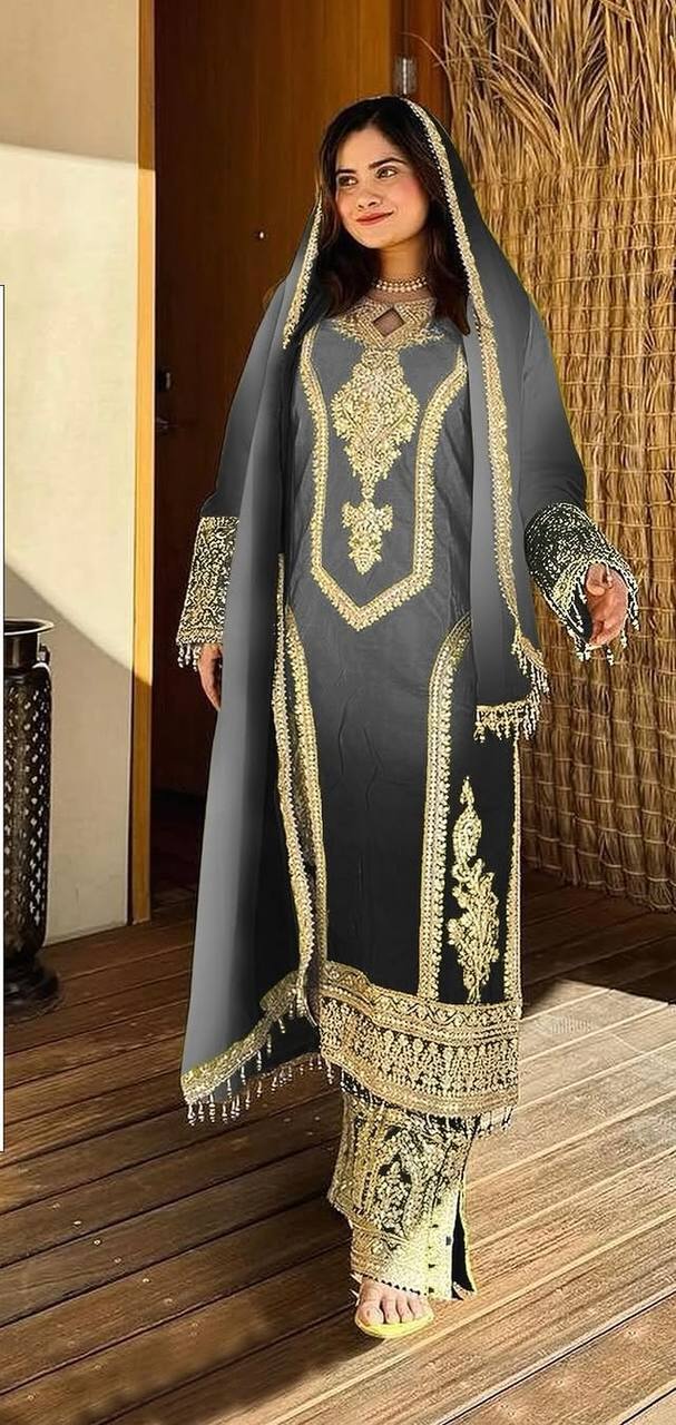Gray Designer Dual Tone Chinon Silk Embroidered Plazzo Top and Dupatta