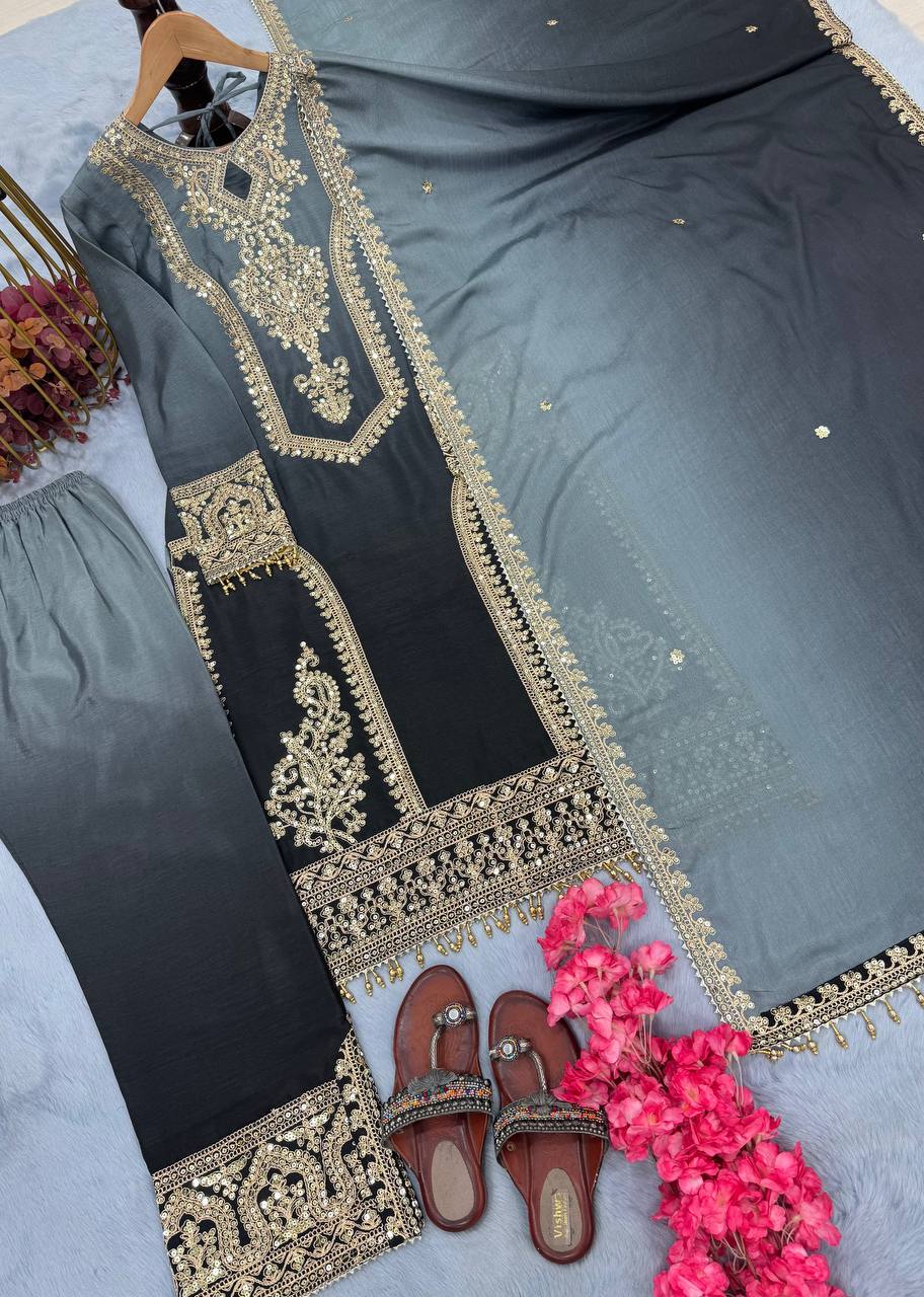Gray Designer Dual Tone Chinon Silk Embroidered Plazzo Top and Dupatta