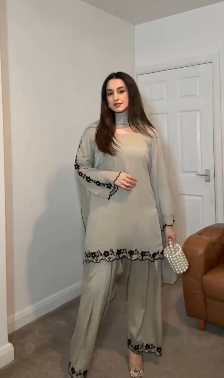 Gray Designer Faux Georgette Farshi Plazzo Top and Dupatta For Party Wear