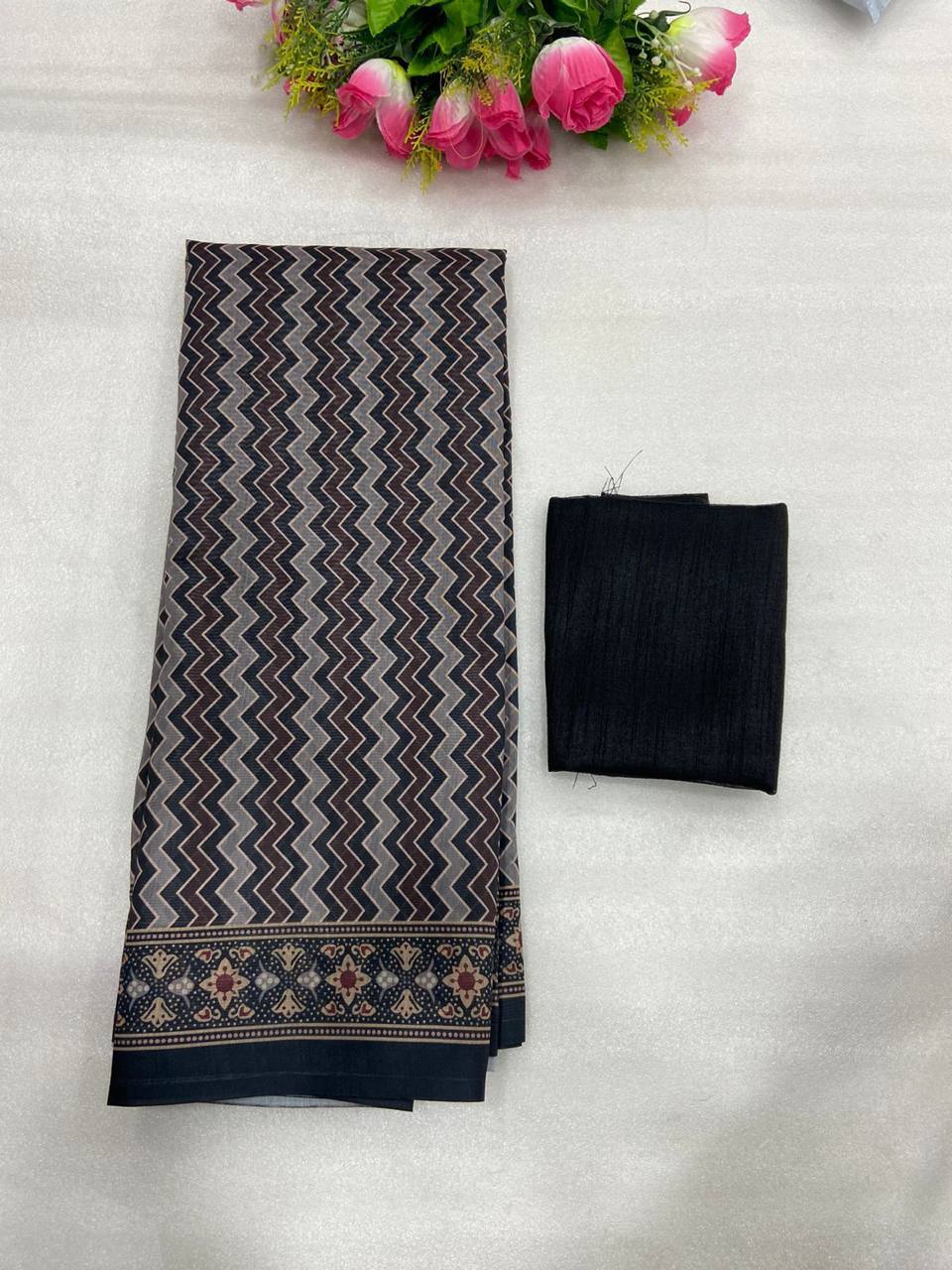 Gray Mulmul Cotton Digital Print Saree with Banglori Blouse