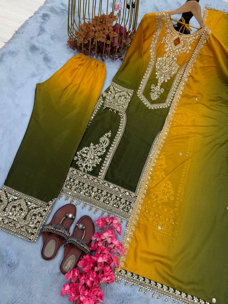 Green and Yellow Designer Dual Tone Chinon Silk Plazzo Top and Dupatta