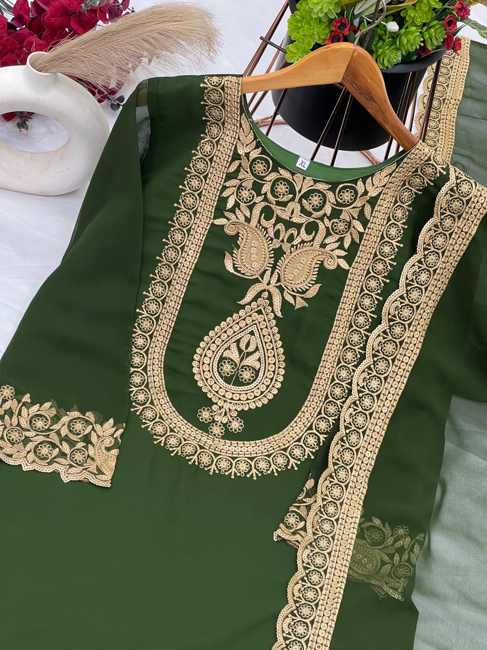 Green Designer Blooming Faux Georgette Palazzo Top and Dupatta