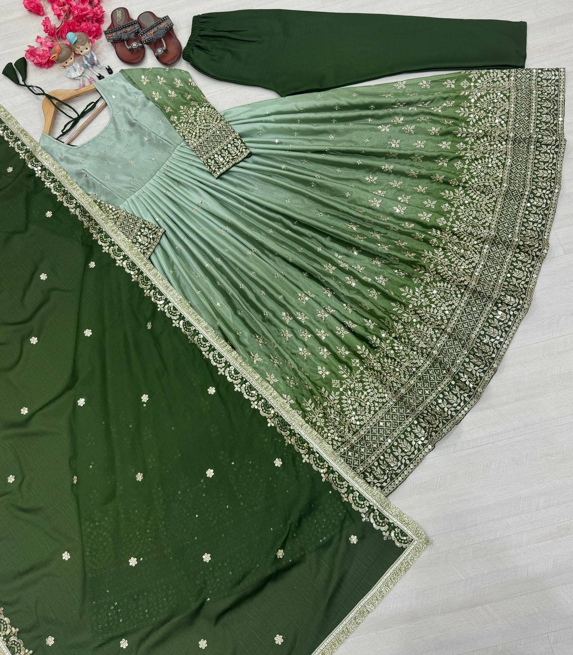 Green Designer Dual Tone Chinon Silk Anarkali Gown with Dupatta