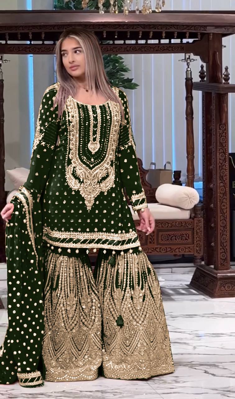 Green Designer Farshi Plazzo Top and Dupatta For Nikah Wear