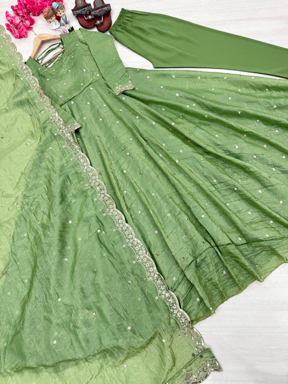 Green Designer Gold Crush Silk Embroidery Gown With Matching Dupatta