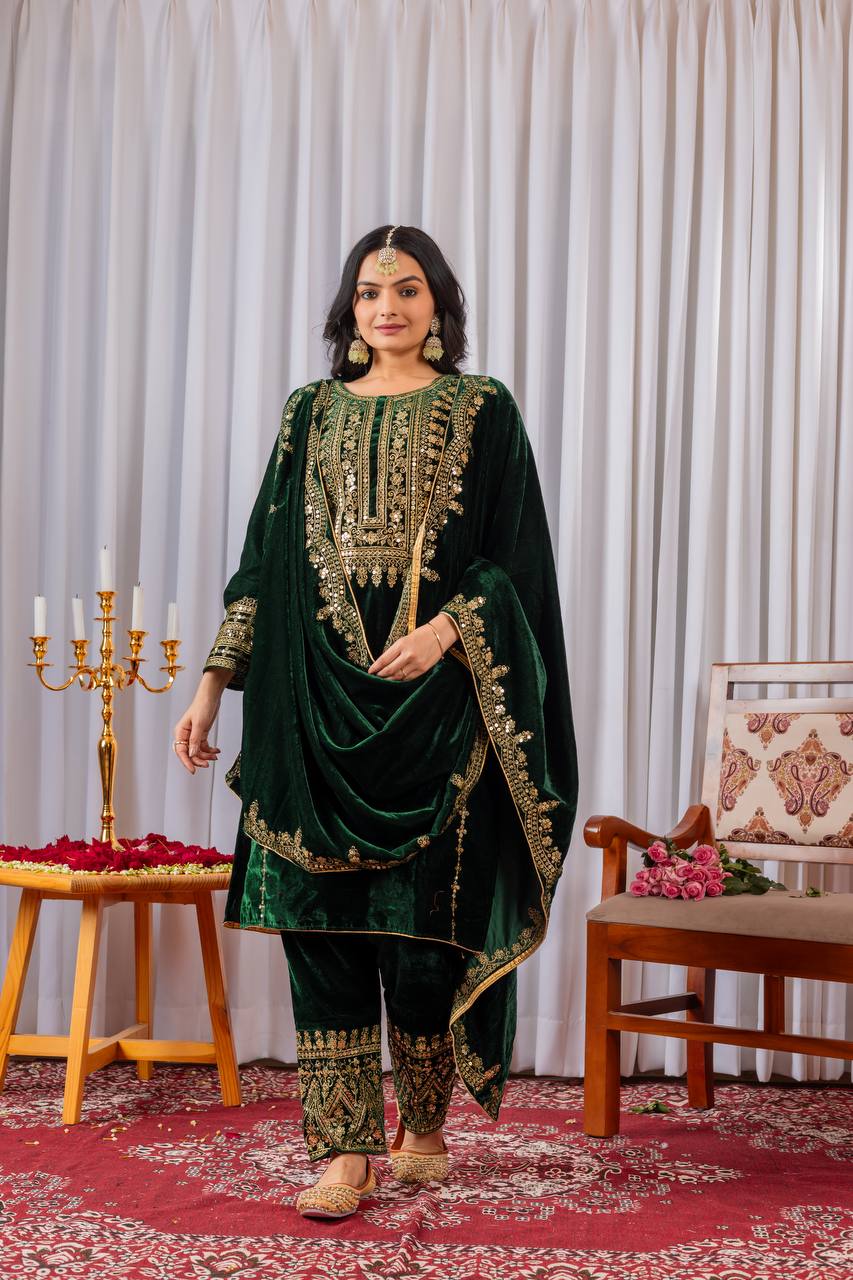 Green Designer Viscose Velvet Bottom Top and Dupatta For Party Wear