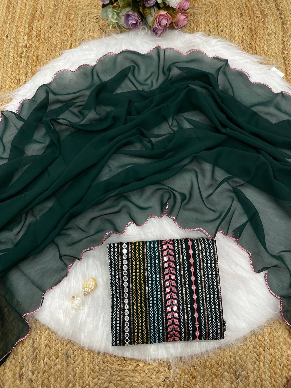 Green Georgette Aari Embroidery Border Saree with Work Blouse