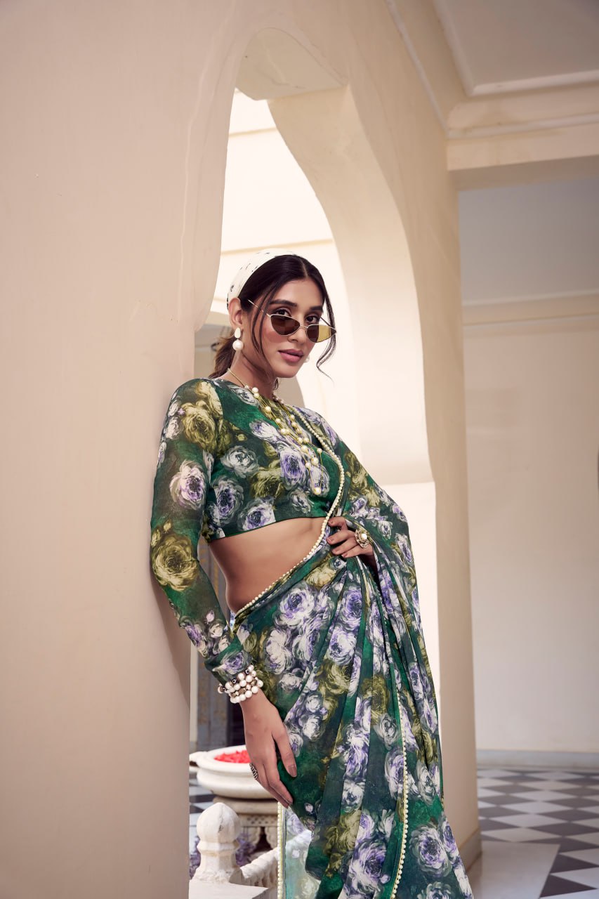 Green Marble Print Weightless Saree with Pearl Lace Border Floral Blouse