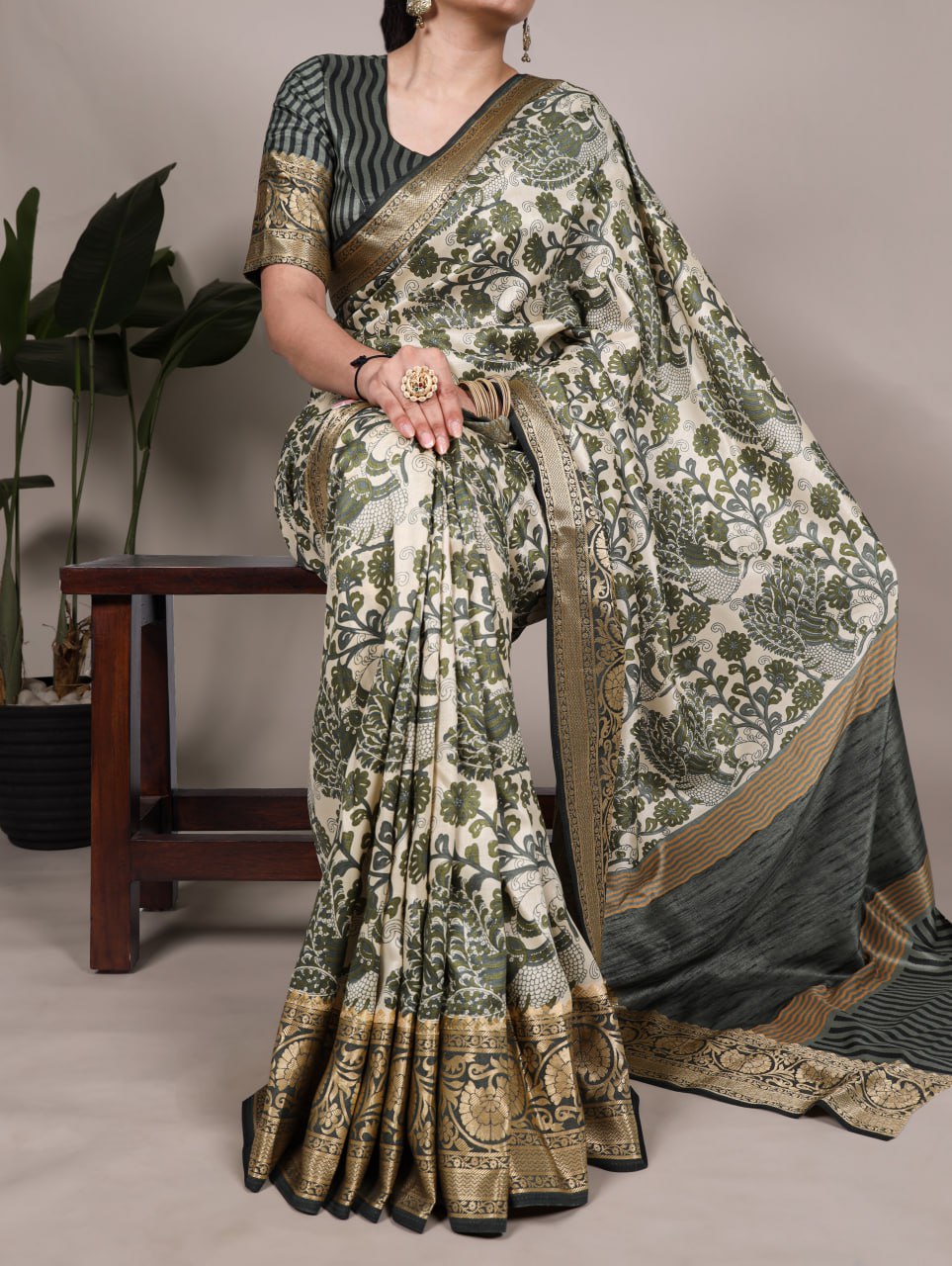 Green Tasar Silk Printed Saree with Viscose Border Matching Blouse