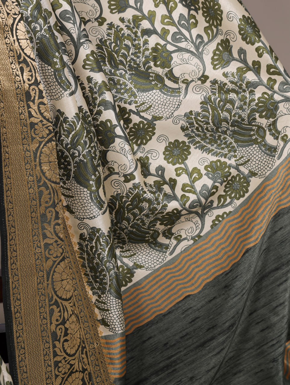 Green Tasar Silk Printed Saree with Viscose Border Matching Blouse