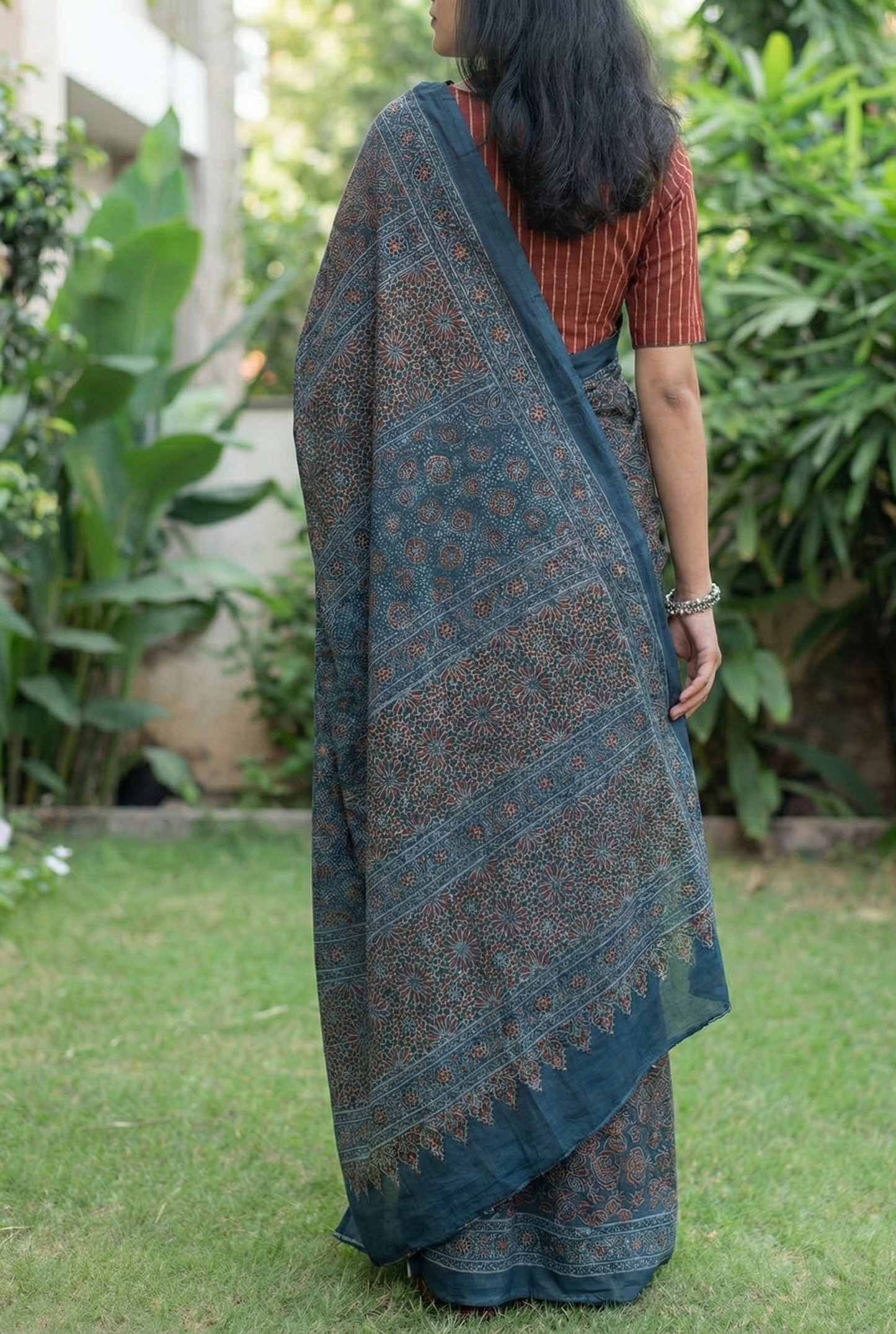 Indigo Blue Mulmul Cotton Digital Print Saree with Banglori Blouse