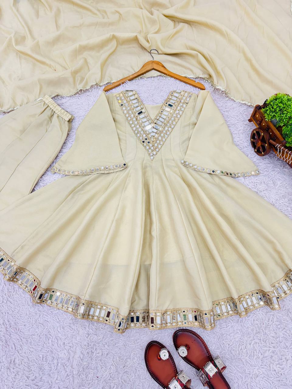 Ivory White Designer Cosmos Jari Silk Mirror Sharara Suit and Dupatta