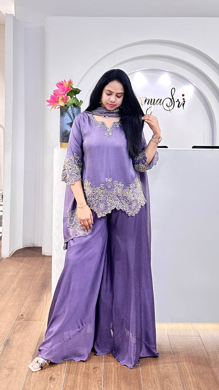 Lavender Designer Faux Georgette Embroidery Palazzo Top and Dupatta