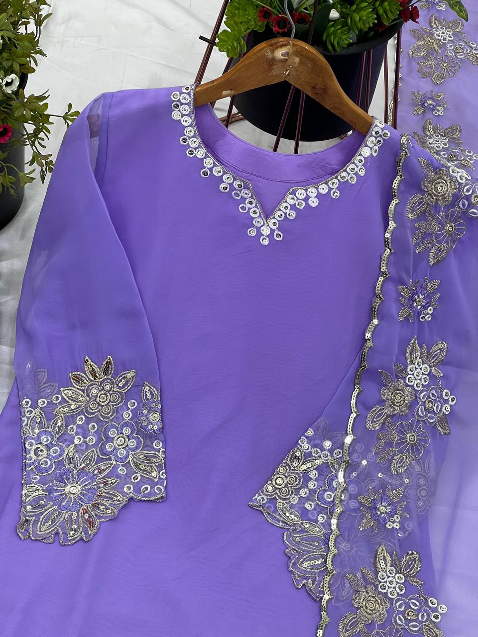 Lavender Designer Faux Georgette Embroidery Palazzo Top and Dupatta
