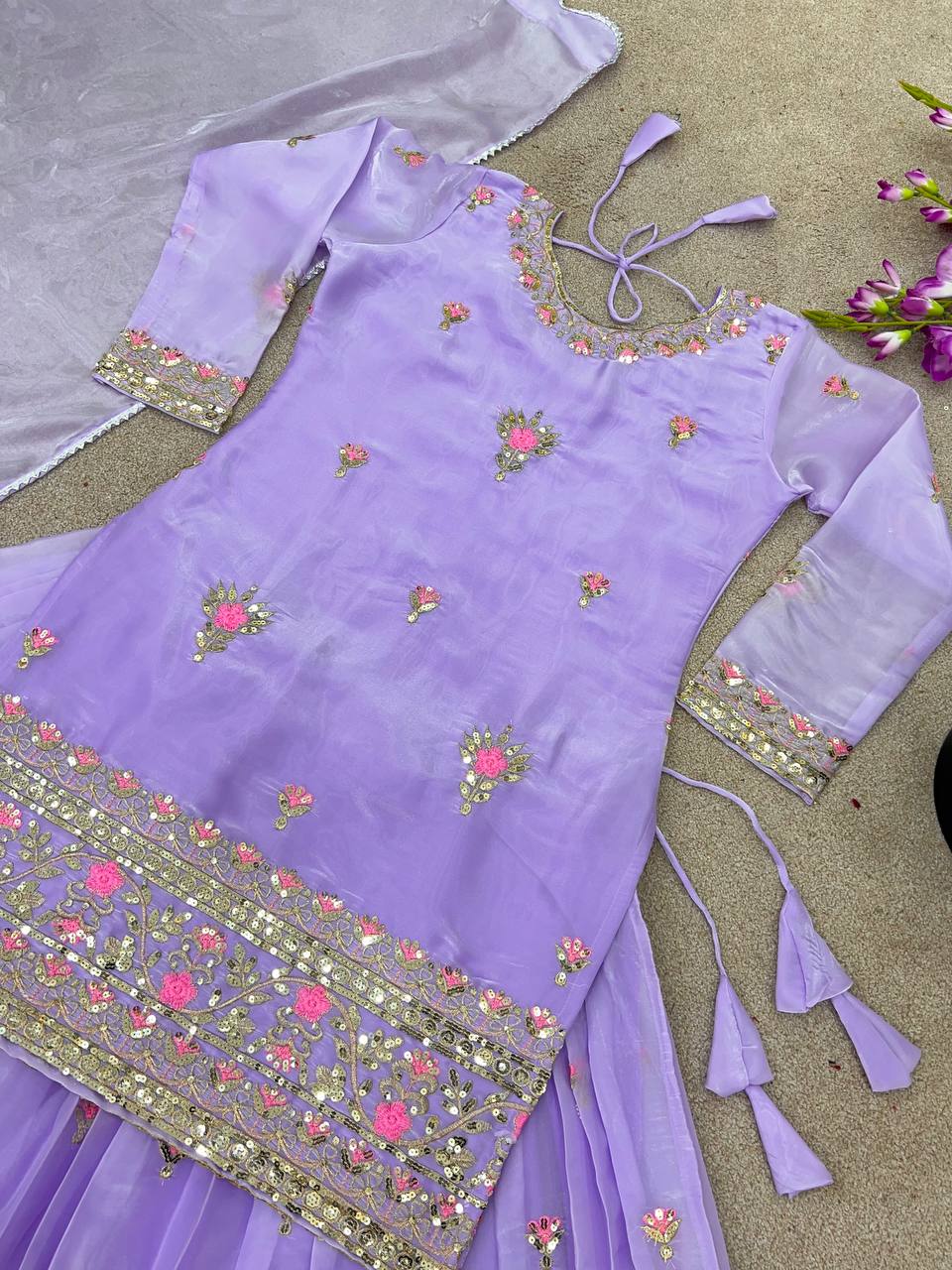 Lavender Designer Jimmy Choo Silk Embroidery Lehenga Top and Dupatta